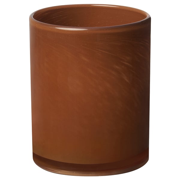 VINDSTILLA: brown glass candle holder, cylindrical shape, painted decorative pattern.