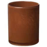 VINDSTILLA: brown glass candle holder, cylindrical shape, painted decorative pattern.