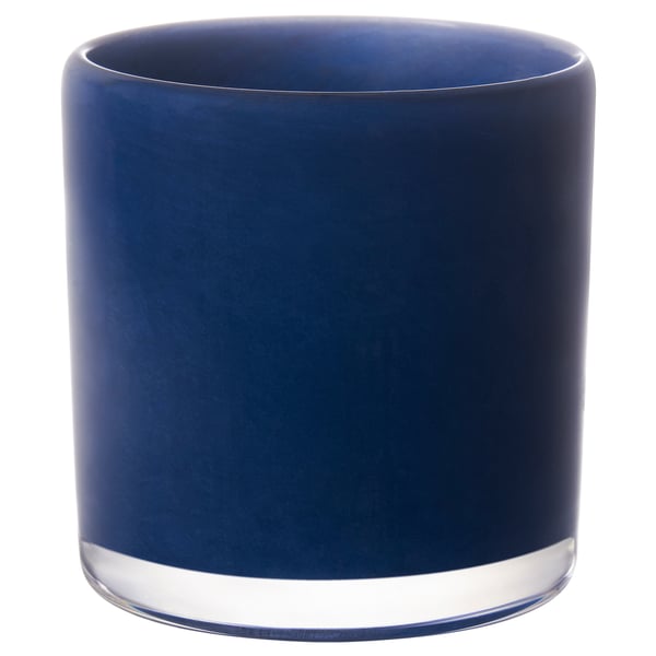 VINDSTILLA: dark blue, glass candle holder. Cylindrical with decorative patterns.