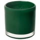 Green glass candle holder, cylindrical with frosted finish, sits on clear glass base.