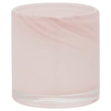 Rose-colored, cylindrical glass tealight holder with marbled design. Handcrafted for a unique look.
