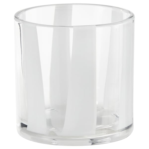 Clear, cylindrical glass candle holder with vertical stripes. Simple, elegant design. Ideal for holding candles.