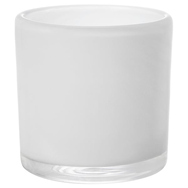 VINDSTILLA frosted glass candle holder, white, cylindrical with clear base.