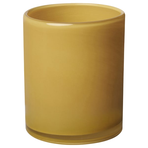 VINDSTILLA: yellow, cylindrical glass candle holder with subtle pattern, mouth-blown craftsmanship.