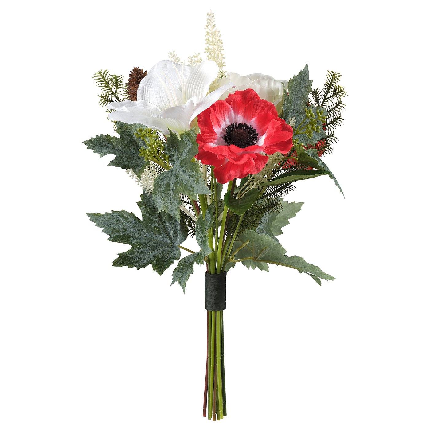 Artificial red and white flower bouquet with green leaves. Eco-friendly, indoor/outdoor use.