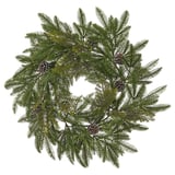 VINTERFINT: green plastic wreath, 22 round, pine needles, cone decor, festive door/wall decor.