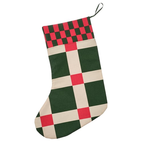 Red, green, and beige chequered christmas stocking.
