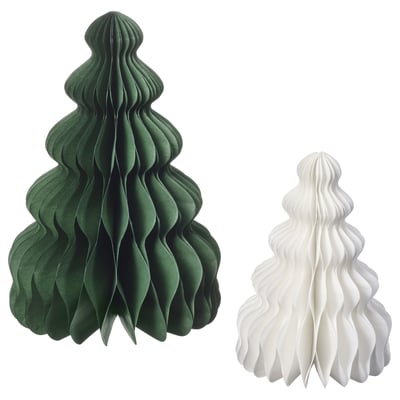 Two green and white paper christmas trees, triangular, layered, recycled paper.