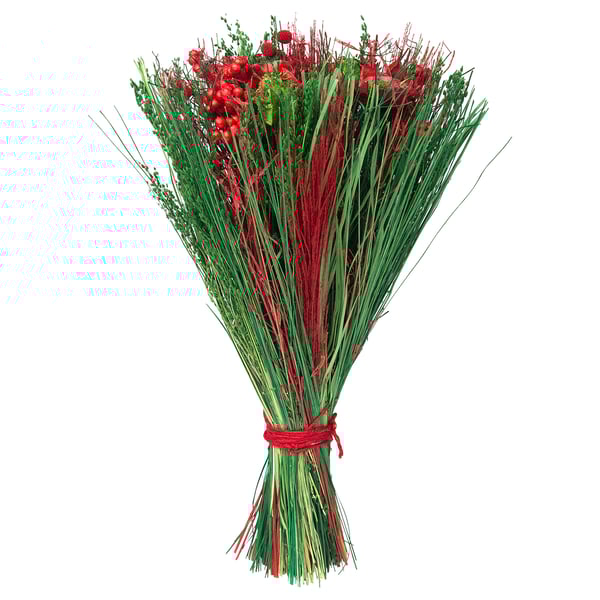 VINTERFINT bouquet: red & green dried plants, tied with red jute string. Festive, round shape.