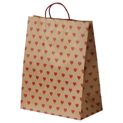 VINTERFINT Paper bag with handles, brown/heart-pattern, 30x38 cm