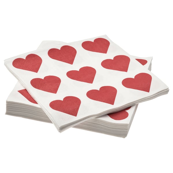Stacked heart-shaped napkins, red on white, VINTERFINT.
