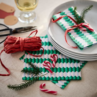 VINTERFINT Paper napkin, striped/green/white, 33x33 cm