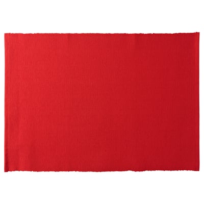 Red rectangular placemat, ridged texture, made from recycled polyester and cotton.
