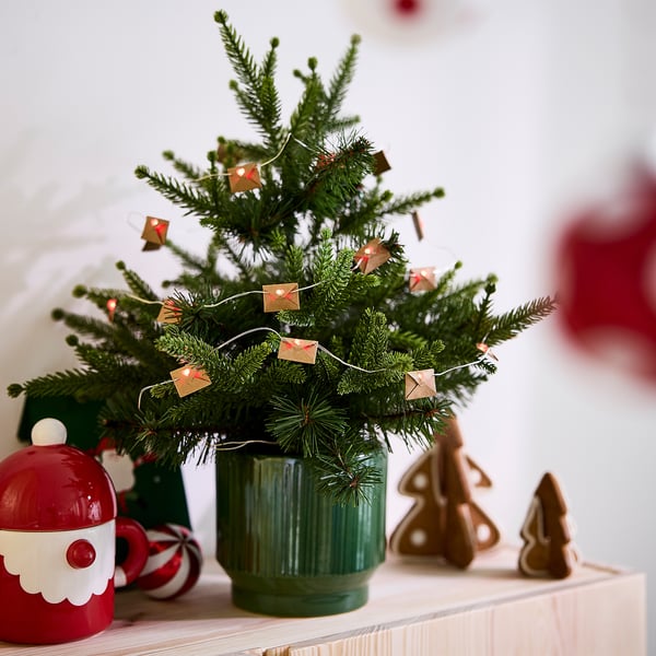 Decorated small christmas tree in green pot beside santa mug and gingerbread figures.