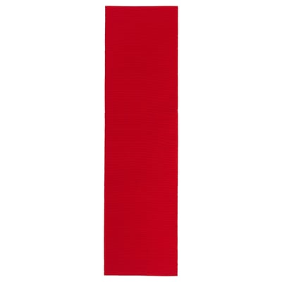 A red rectangular table runner named VINTERFINT, made of yarn-dyed cotton, enhancing tables with a vibrant, easy-to-clean decorative touch.