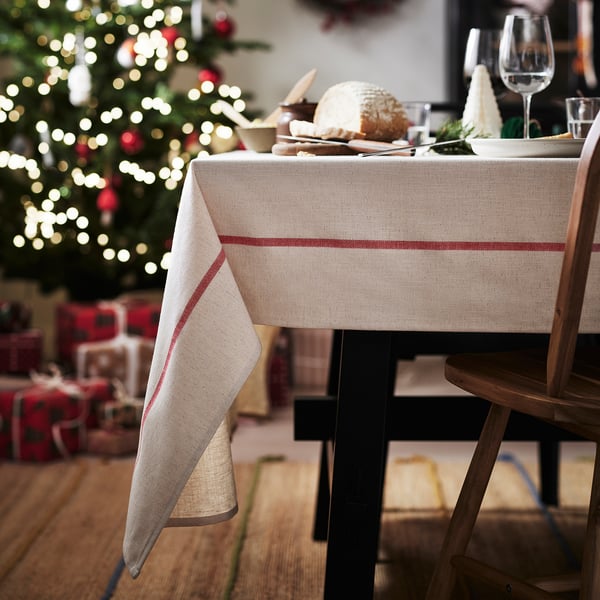 VINTERFINT Tablecloth, off-white/red, 145x320 cm