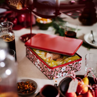 VINTERFINT Tin with lid, flower pattern red, 29x20x8 cm