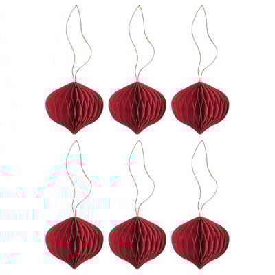 Six red paper ornaments hang from strings. Geometric design; rectangular in shape.