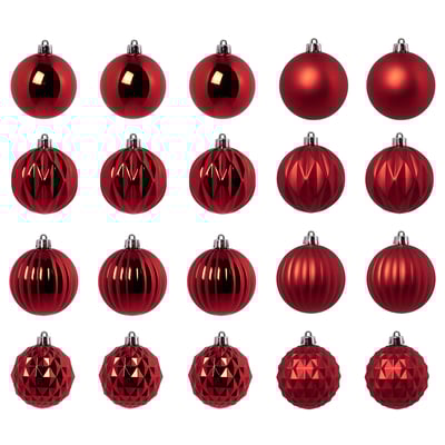 VINTERFINT red christmas baubles set in various glossy and matte designs and shapes. Metallized and plastic materials.