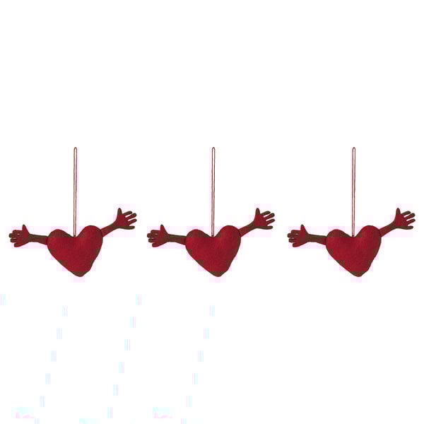 Three red hanging hearts with reachable hands; decorative, festive, soft fabric with polyester filling.