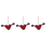 Three red hanging hearts with reachable hands; decorative, festive, soft fabric with polyester filling.