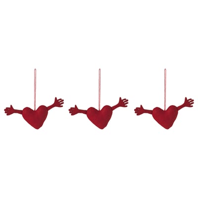 Three red hanging hearts with reachable hands; decorative, festive, soft fabric with polyester filling.