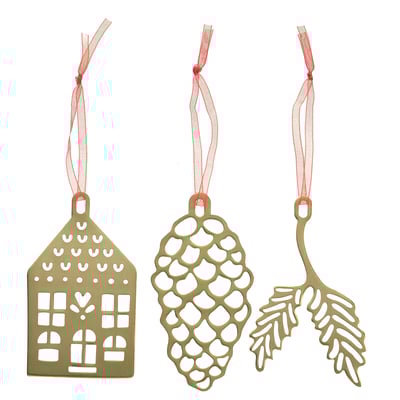 Three golden hanging decorations: house, pinecone, and leaves. Red ribbons attached.
