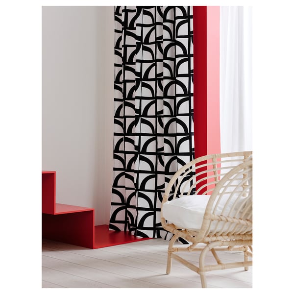 VINTEROXBÄR Curtains, 1 pair, white/black, 145x250 cm