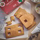 Gingerbread house kit with pieces, icing, and candies.