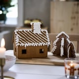 Delightful holiday scene: gingerbread house & tree, iced & ready for festive display.