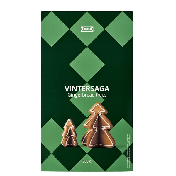 Green IKEA box for VINTERSAGA gingerbread trees, 300g, with cookie images and white text.
