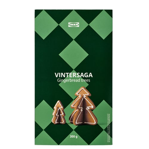 Green IKEA box for VINTERSAGA gingerbread trees, 300g, with cookie images and white text.