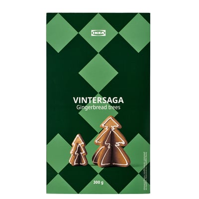 Green IKEA box for VINTERSAGA gingerbread trees, 300g, with cookie images and white text.