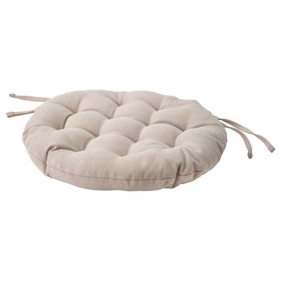 Padded round chair cushion, beige, recycled fabric, ties for secure fit.