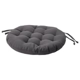 This is a round, dark grey VIPPÄRT seat cushion with decorative ties, made from recycled materials.