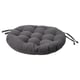 This is a round, dark grey VIPPÄRT seat cushion with decorative ties, made from recycled materials.