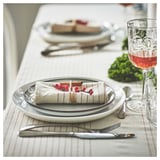 Elegant dinner setting with white plates, silverware, clear glass with red liquid. Striped beige napkins tied with twine and red berries on table.