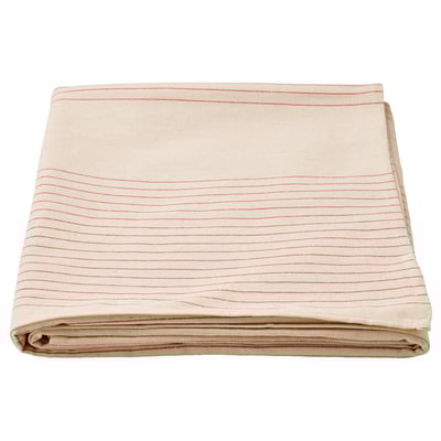 VIPPSTARR beige cotton tablecloth, simple red stripes, folded square shape.