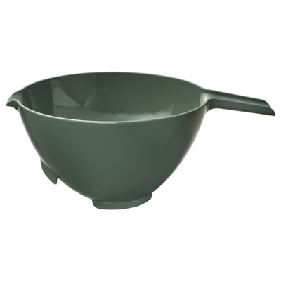 A green VISPNING mixing bowl with an ergonomic handle and anti-slip feet.