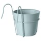 Option: A light blue VITLÖK metal hanging planter. It is round with a hook for hanging, made of galvanized steel, perfect for outdoor use.