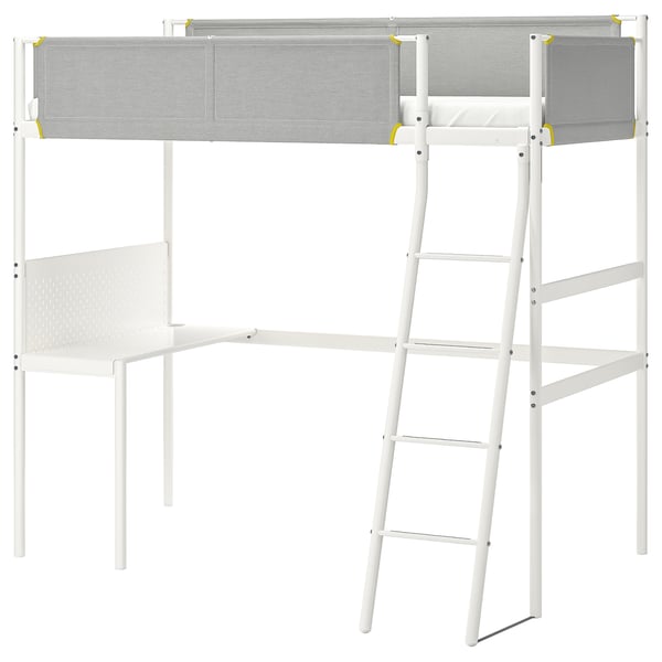 White VITVAL loft bed with desk and ladder, sleek modern design, metallic and fabric materials.