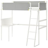White VITVAL loft bed with desk and ladder, sleek modern design, metallic and fabric materials.