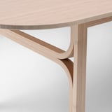 Close-up of modern, light-colored wooden table corner, smooth finish.