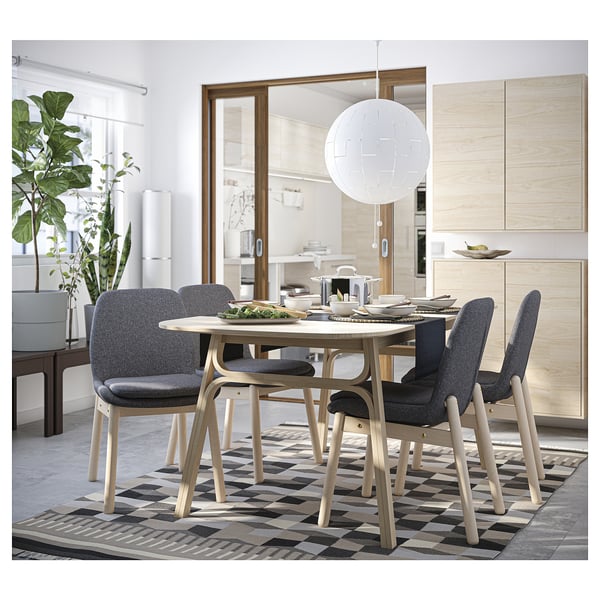 VOXLÖV / VEDBO Table and 4 chairs, light bamboo/birch Gunnared medium grey, 180x90 cm