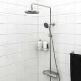 VOXNAN shower combo: wall-mounted, silver, plastic & chrome, sleek modern design. Large overhead & hand showers, storage shelf, safety.
