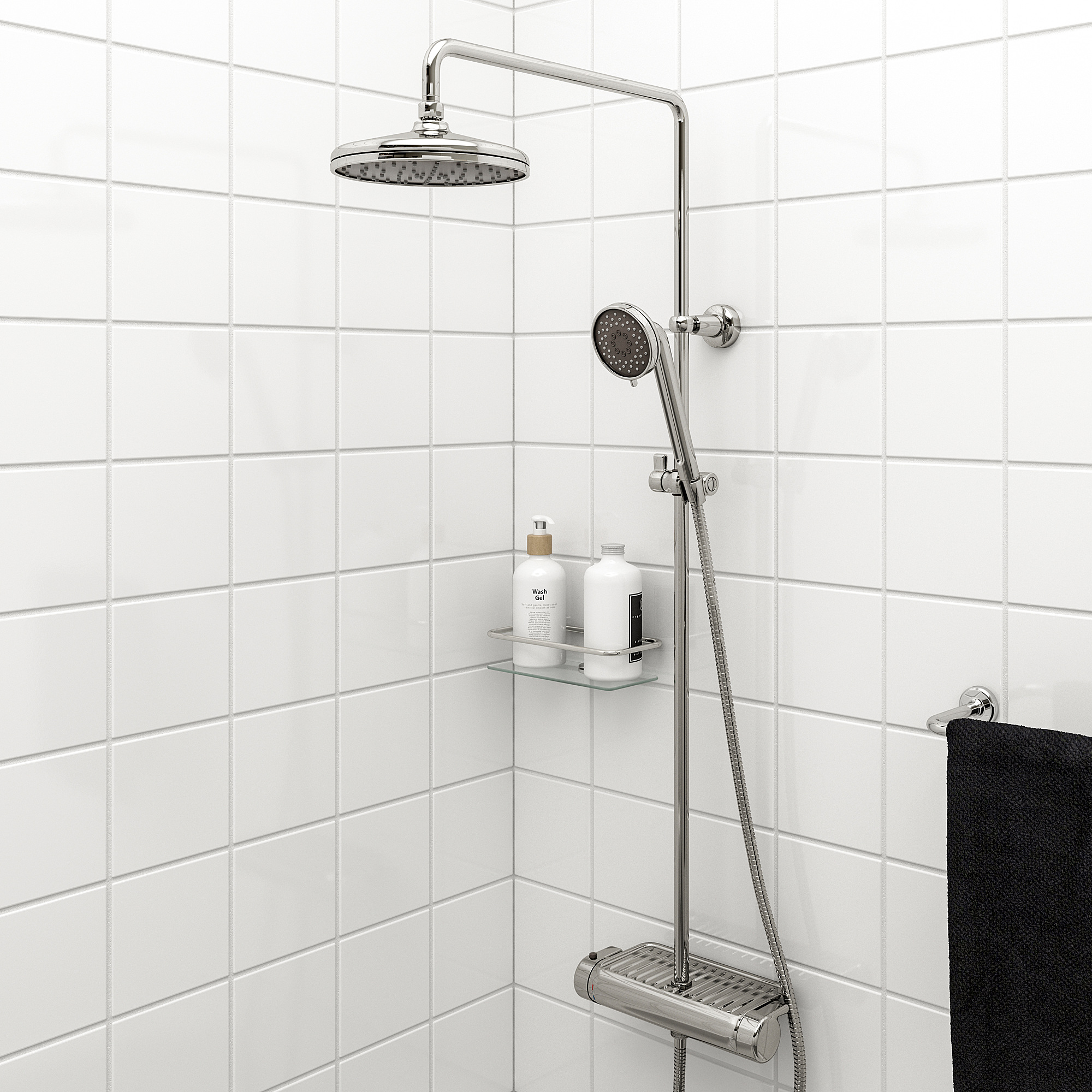 VOXNAN shower combo: wall-mounted, silver, plastic & chrome, sleek modern design. Large overhead & hand showers, storage shelf, safety.
