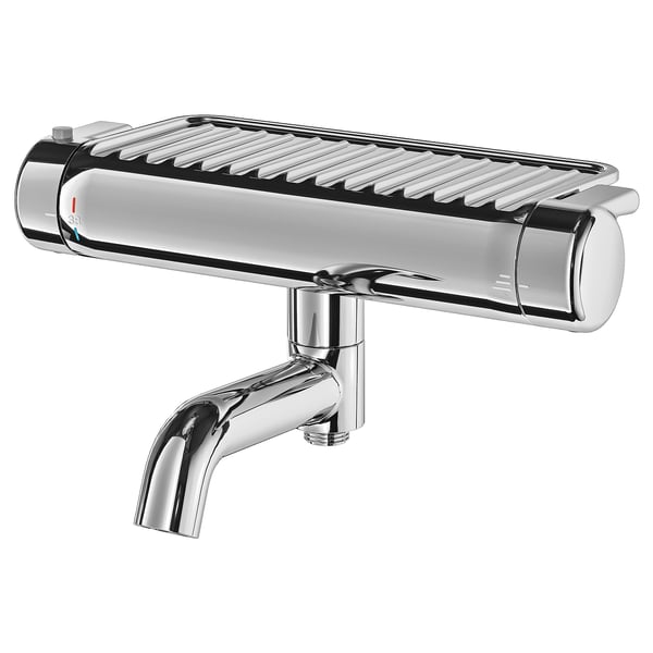 VOXNAN silver shower-mixer, chrome-finished brass, curved spout, safety stop button, shelf.