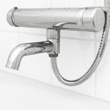 Chrome shower system with flexible hose and adjustable spout. Safety stop at 38°c, anti-scald feature.