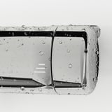 Close-up of VOXNAN shower mixer: chrome surface, droplets, safety stop, built-in shelf.