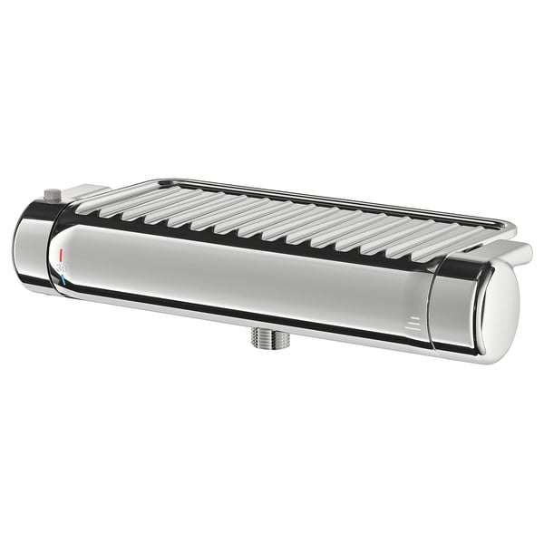 VOXNAN chrome shower mixer, sleek design, safety stop & cold touch, shampoo shelf.
